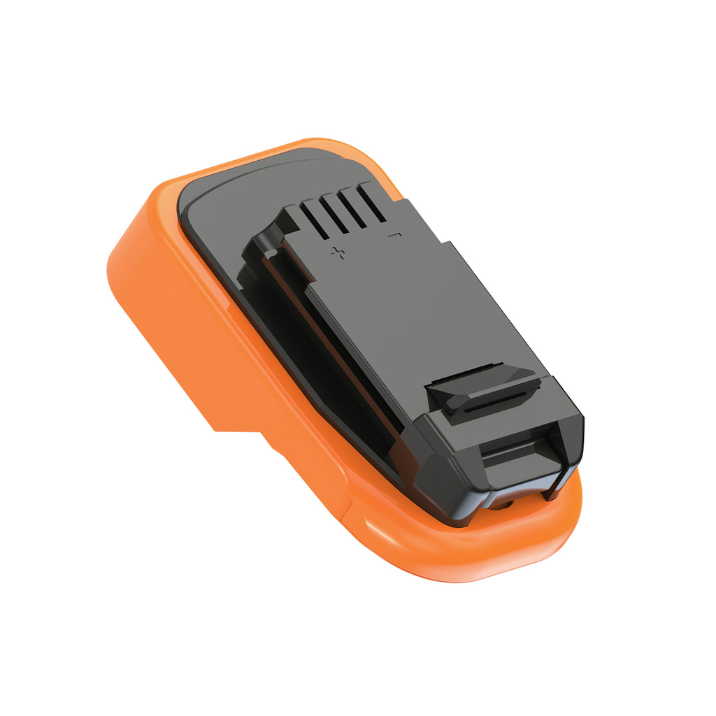 AEG 18V to Black and Decker 20V battery adapter - tool-side connection with terminal slots, polarity marks alongside
