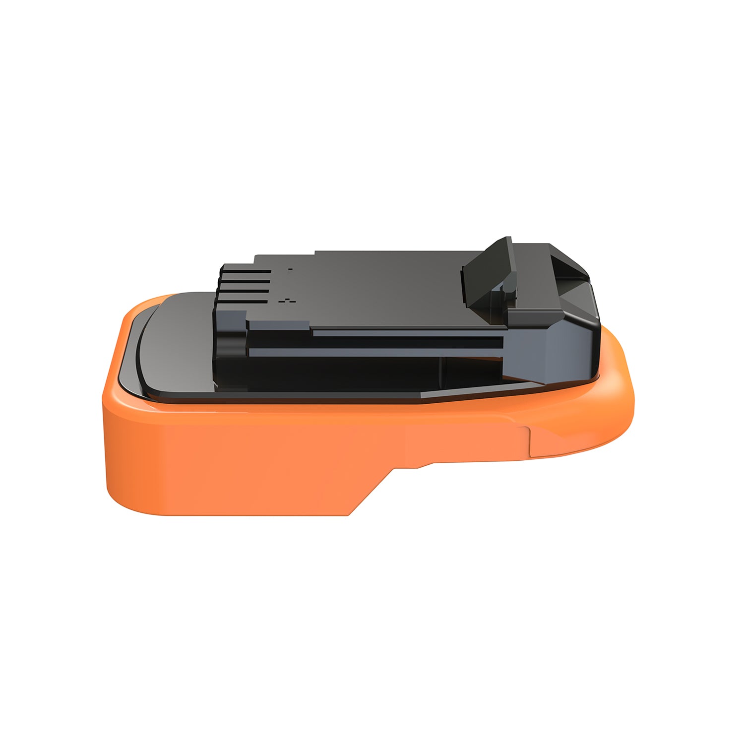 AEG 18V to Black and Decker 20V battery adapter - side view, tool-side connection above the orange body