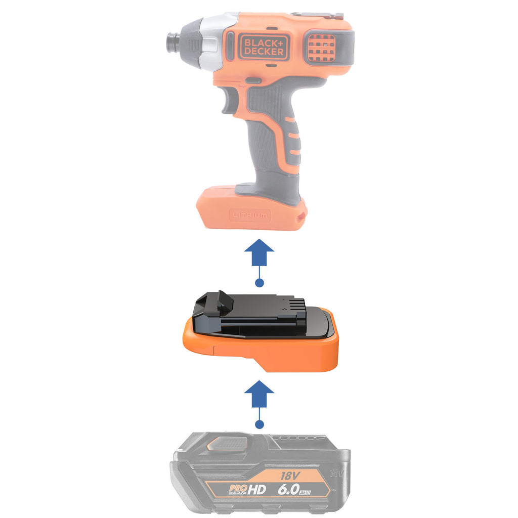 AEG 18V to Black and Decker 20V battery adapter - compatibility diagram showing battery, adapter and impact driver