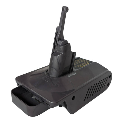 AEG 18V to Dyson V7 battery adapter - Dyson tool-side stem with hooked latch, vented flank, battery-side pocket at the front