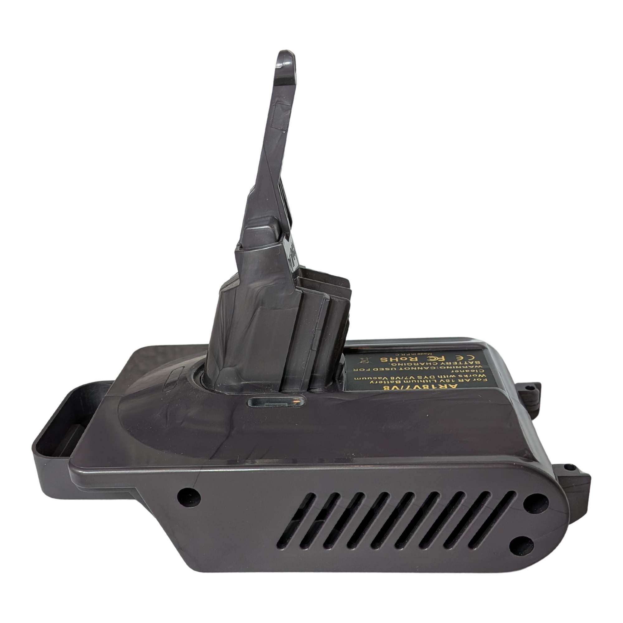 AEG 18V to Dyson V8 battery adapter - side view, Dyson tool-side stem above the vented body and printed label