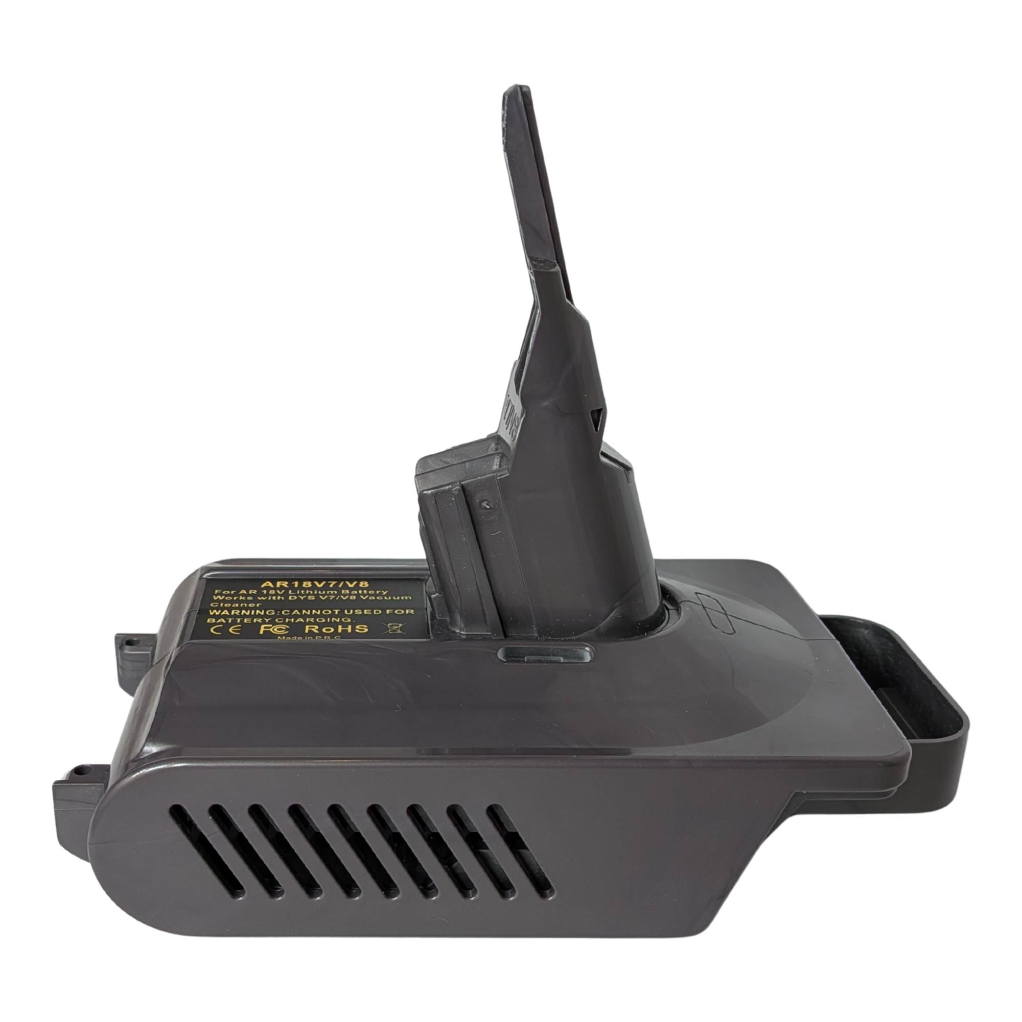 AEG 18V to Dyson V8 battery adapter - side view, Dyson tool-side stem above the vented body and printed label