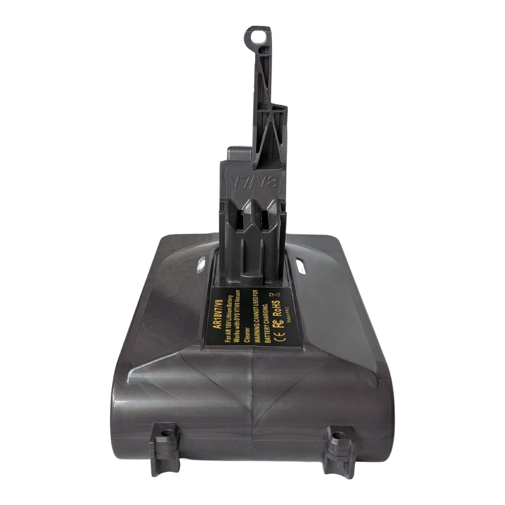 AEG 18V to Dyson V8 battery adapter - end-on view of the Dyson tool-side stem, printed label and two screw bosses