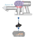 AEG 18V to Dyson V8 battery adapter - compatibility diagram showing battery, adapter and cordless handheld vacuum