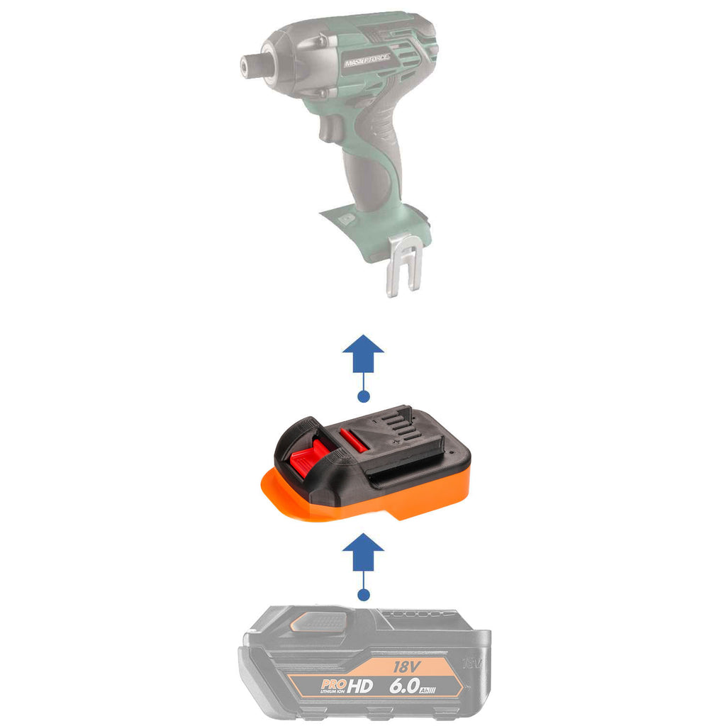 AEG 18V to Masterforce 20V battery adapter - compatibility diagram showing battery, adapter and impact driver