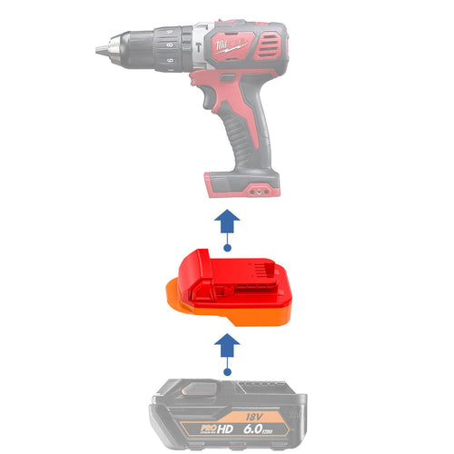 AEG 18V to Milwaukee M18 battery adapter - compatibility diagram showing battery, adapter and hammer drill