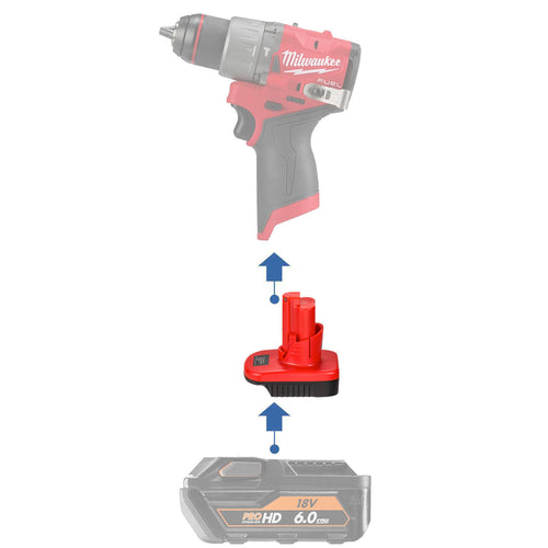 AEG 18V to Milwaukee M12 battery adapter - compatibility diagram showing battery, adapter and hammer drill