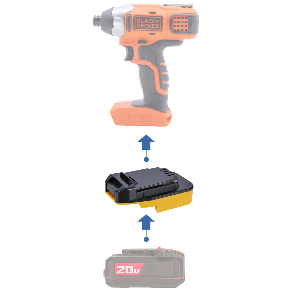 Bauer 20V to Black and Decker 20V battery adapter - compatibility diagram showing battery, adapter and impact driver