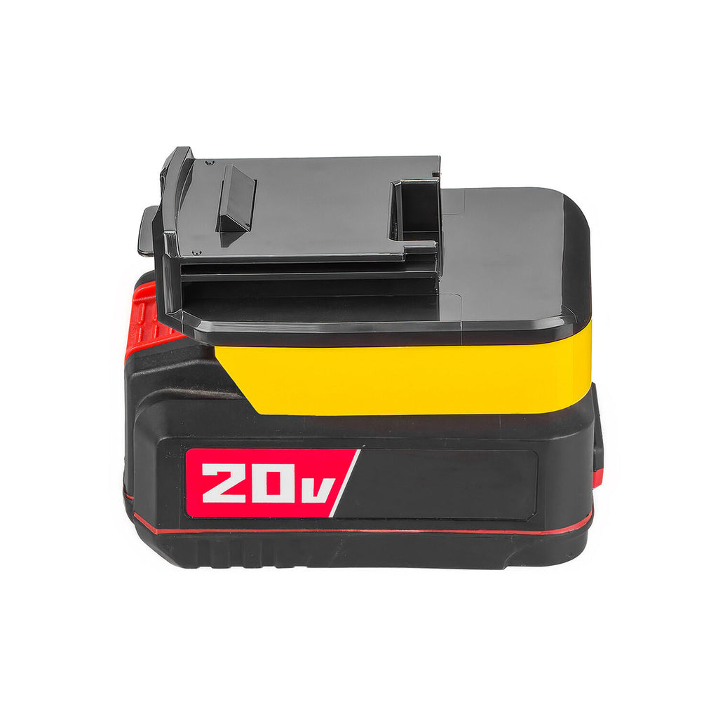Bauer 20V to Porter Cable 18V Ni-Cd battery adapter - seated on a battery pack, Porter Cable tool-side connection upward