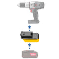 Bauer 20V to Porter Cable 18V Ni-Cd battery adapter - compatibility diagram showing battery, adapter and hammer drill