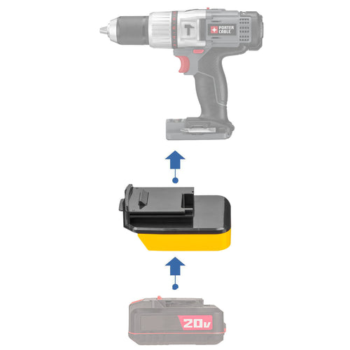 Bauer 20V to Porter Cable 18V Ni-Cd battery adapter - compatibility diagram showing battery, adapter and hammer drill