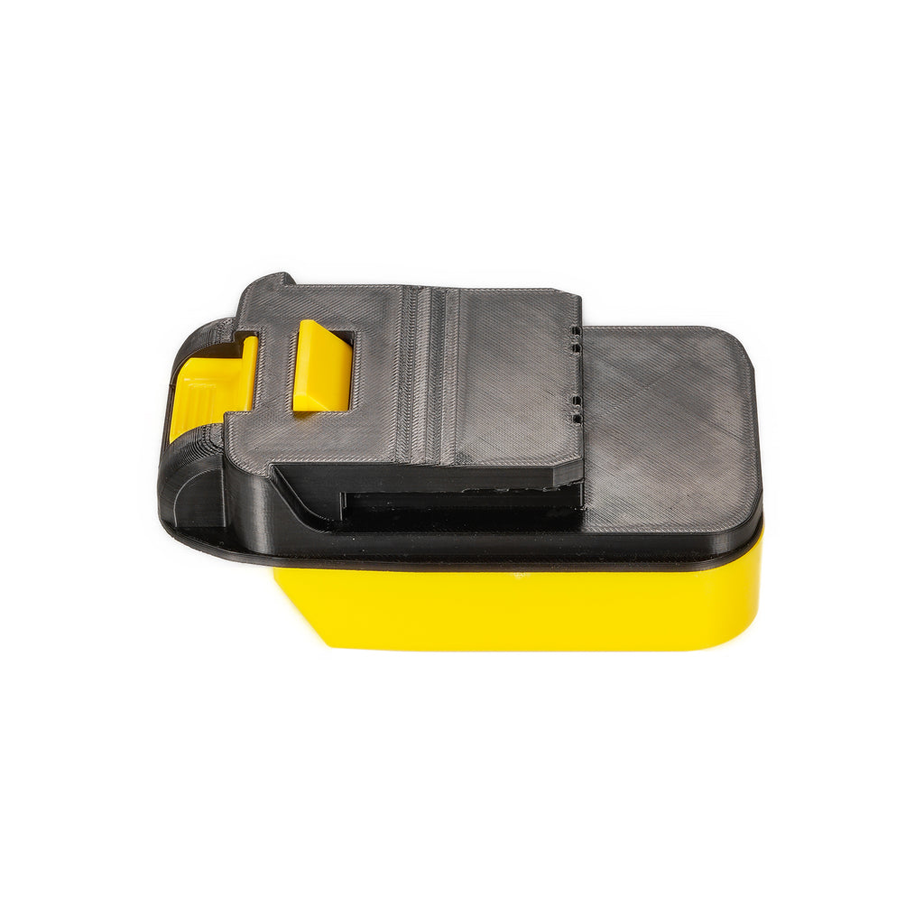 Bauer 20V to Chicago Electric 18V battery adapter - tool-side connection, black panel with slot opening and yellow rail