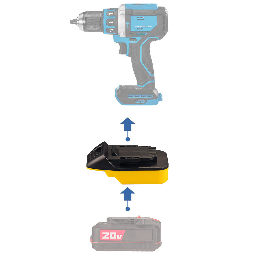 Bauer 20V to Hercules 20V battery adapter - compatibility diagram showing battery, adapter and hammer drill