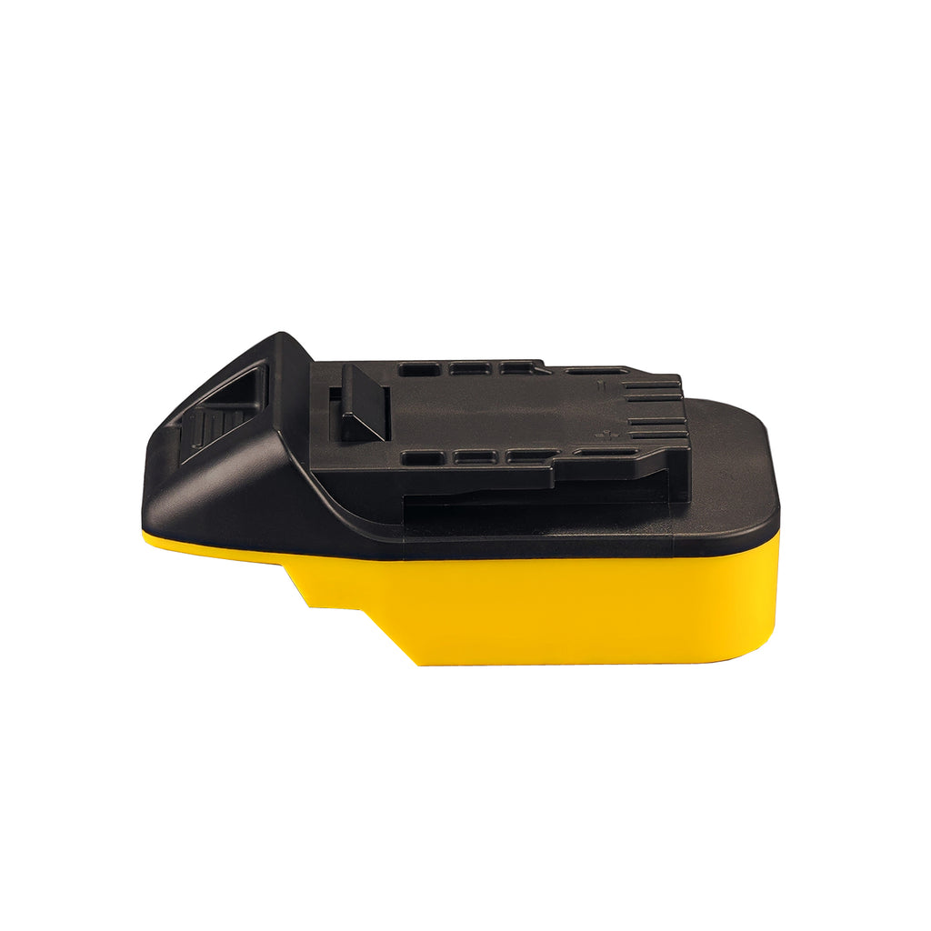 Bauer 20V to Hercules 20V battery adapter - side view, black tool-side shell over the yellow battery-side body