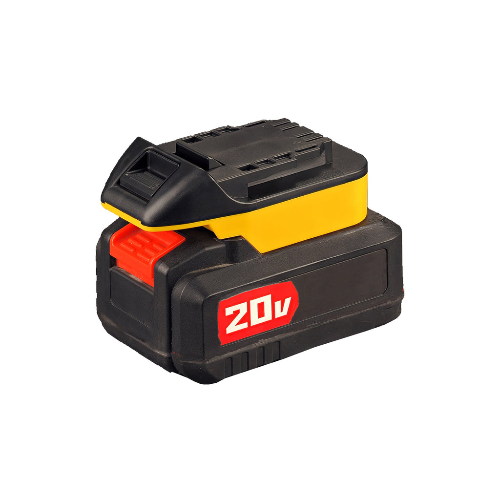Bauer 20V to Hercules 20V battery adapter - seated on a battery pack with the Hercules tool-side connection facing up