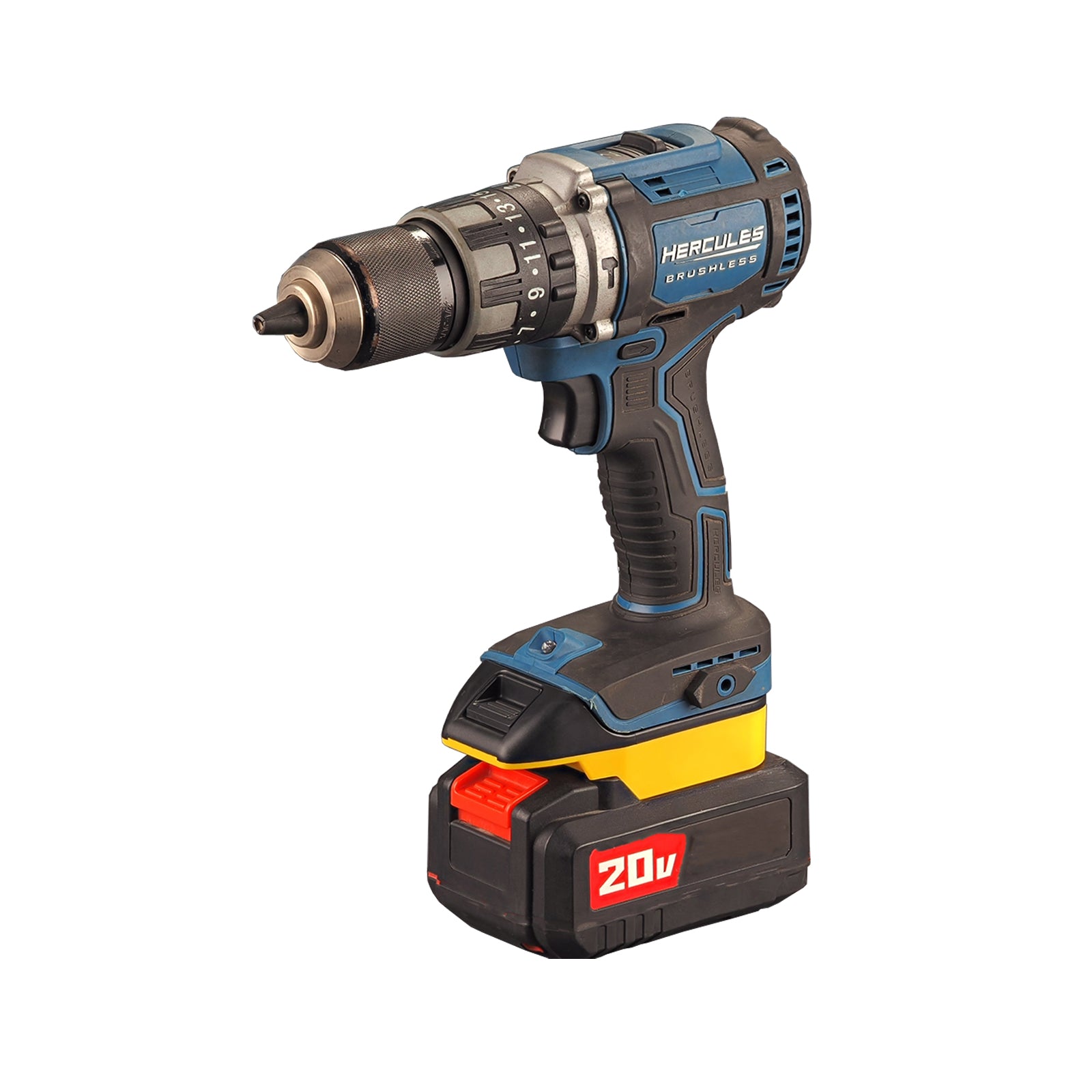 Bauer 20V to Hercules 20V battery adapter - installed on a hammer drill and seated on a battery pack