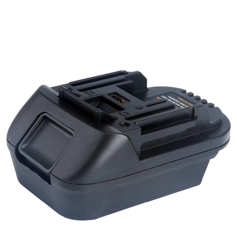 Bauer 20V to Makita 18V LXT battery adapter - tool-side connection with a recessed USB port on the upper face