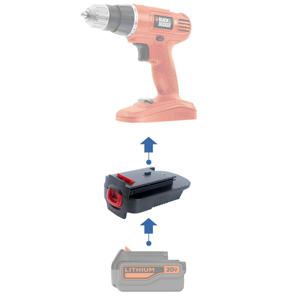Black and Decker 20V to Black and Decker 18V Ni-Cd battery adapter - compatibility diagram showing battery, adapter and drill