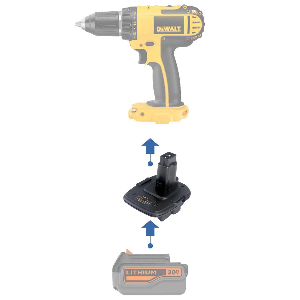 Black and Decker 20V to DeWalt 18V Ni-Cd battery adapter - compatibility diagram showing battery, adapter and cordless drill