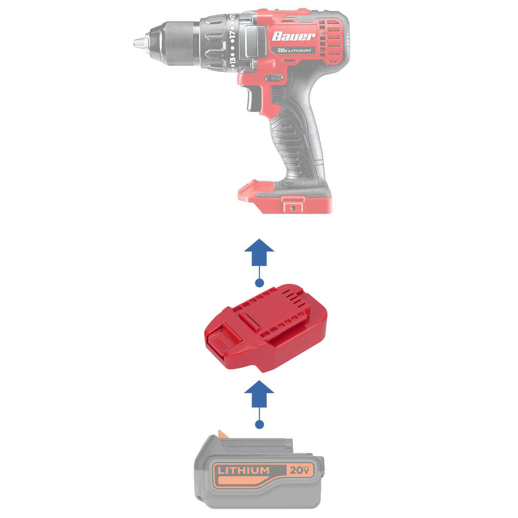 Black and Decker 20V to Bauer 20V battery adapter - compatibility diagram showing battery, adapter and drill driver