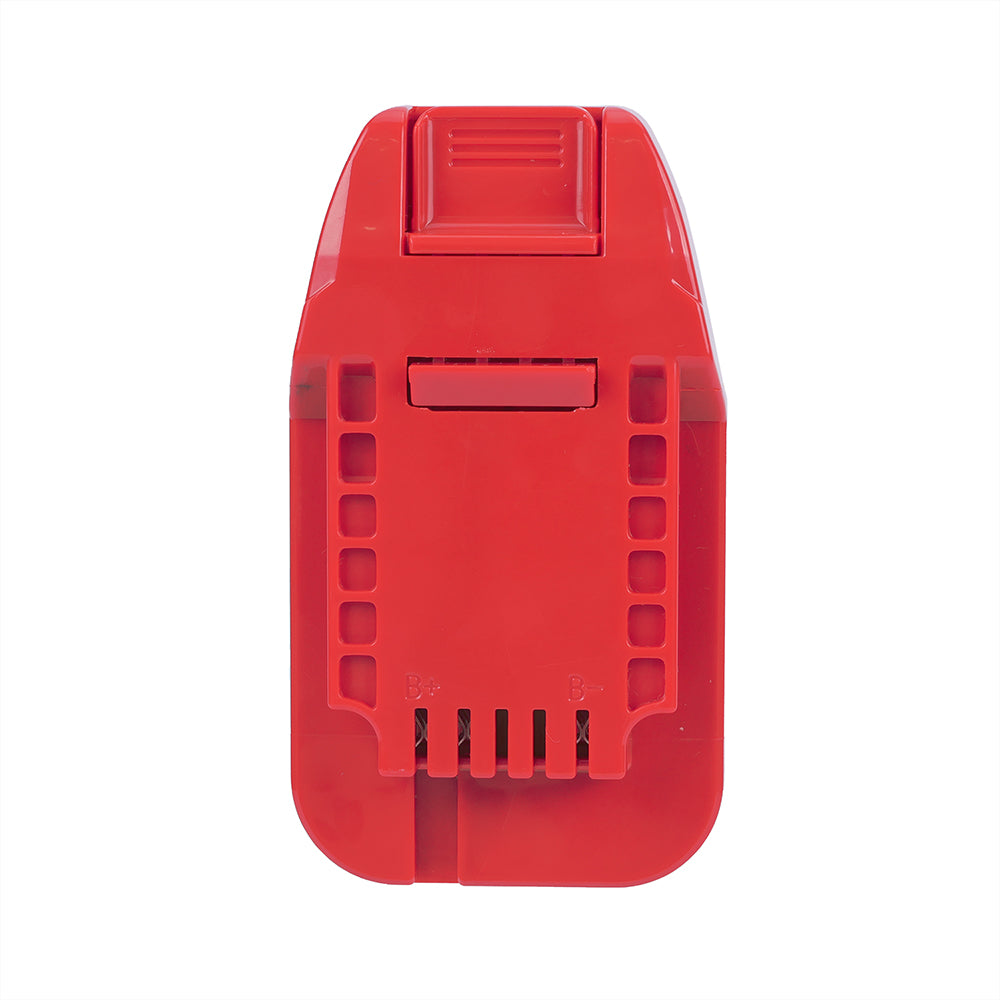 Black and Decker 20V to Bauer 20V battery adapter - Bauer tool-side face, rail slots and terminal slots with polarity marks