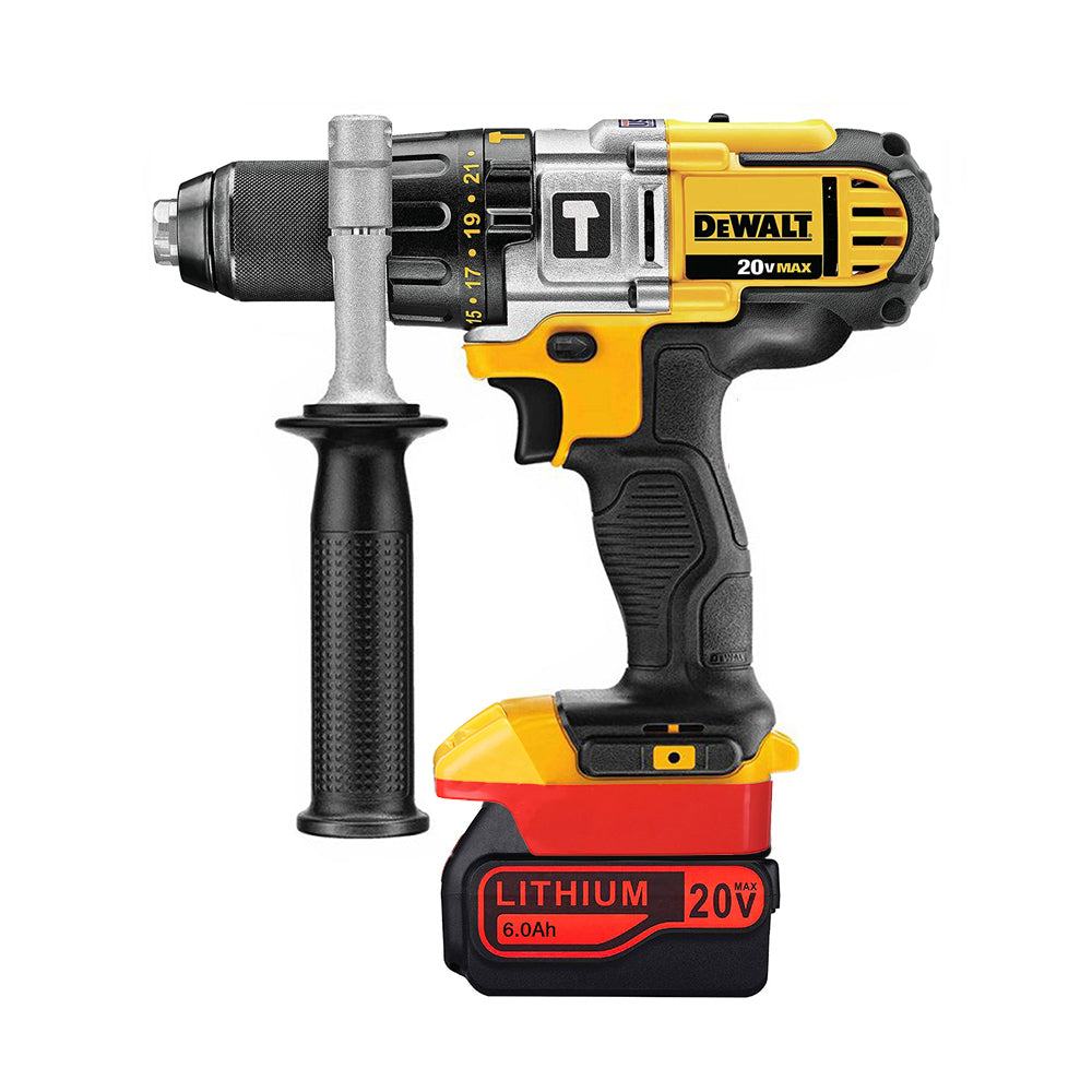 Black and Decker 20V to DeWalt 20V MAX battery adapter - installed on a hammer drill with the battery attached below