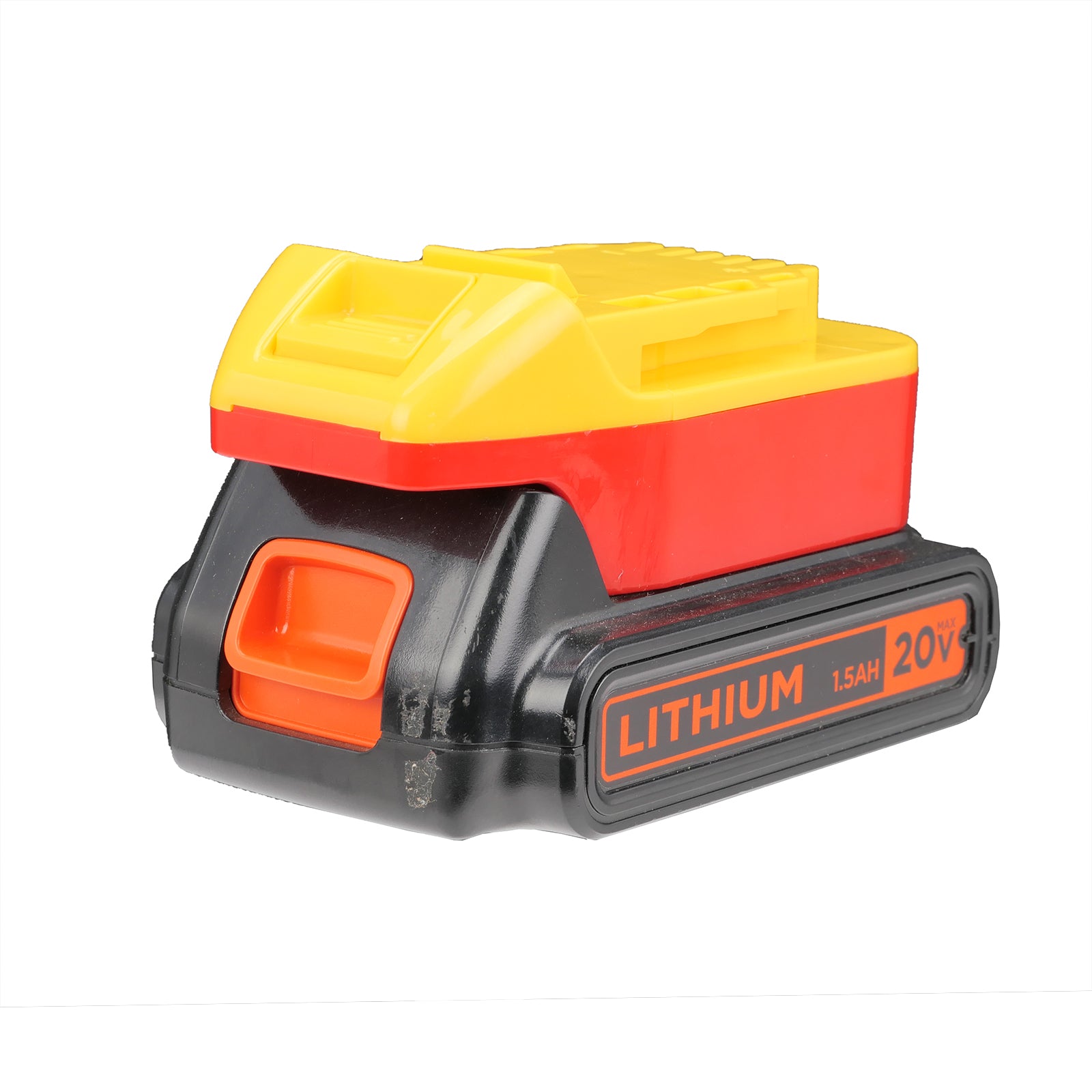 Black and Decker 20V to DeWalt 20V MAX battery adapter - fitted to the Black and Decker 20V battery, tool-side rails upward