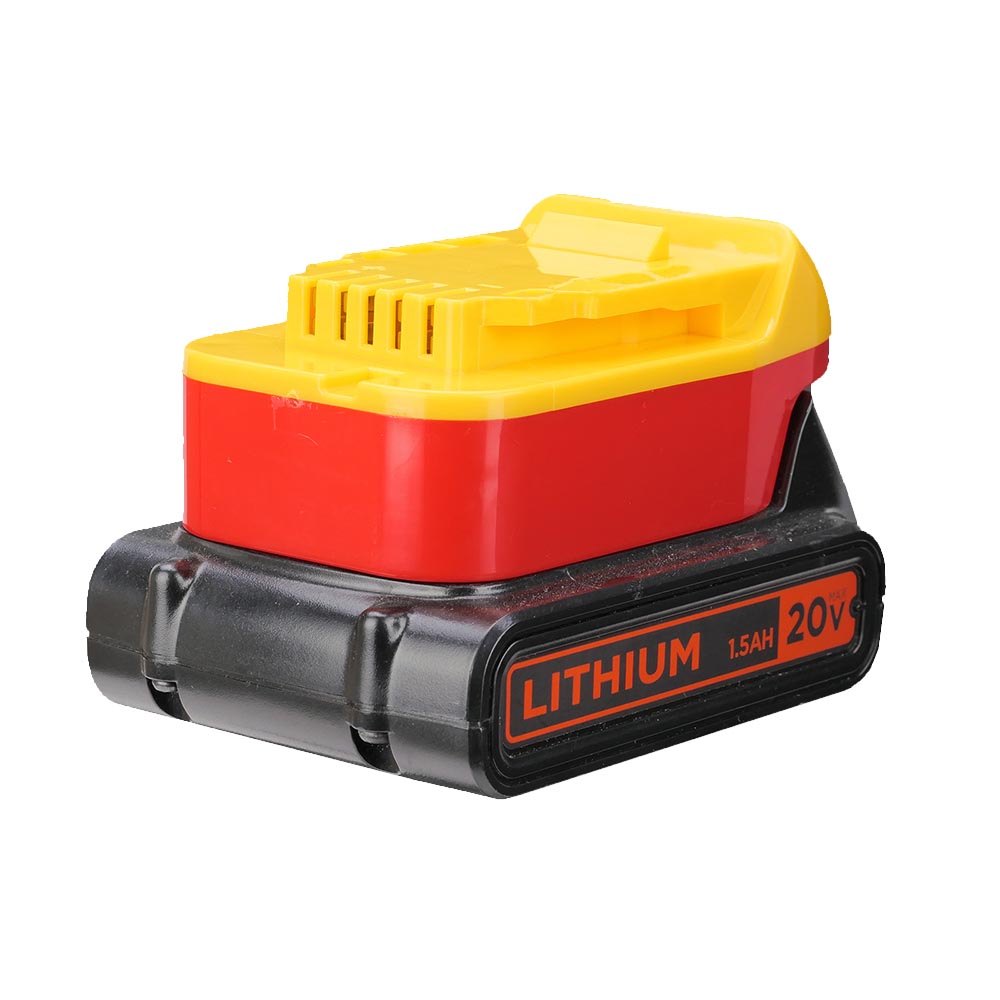 Black and Decker 20V to DeWalt 20V MAX battery adapter - fitted to the Black and Decker 20V battery, tool-side rails upward