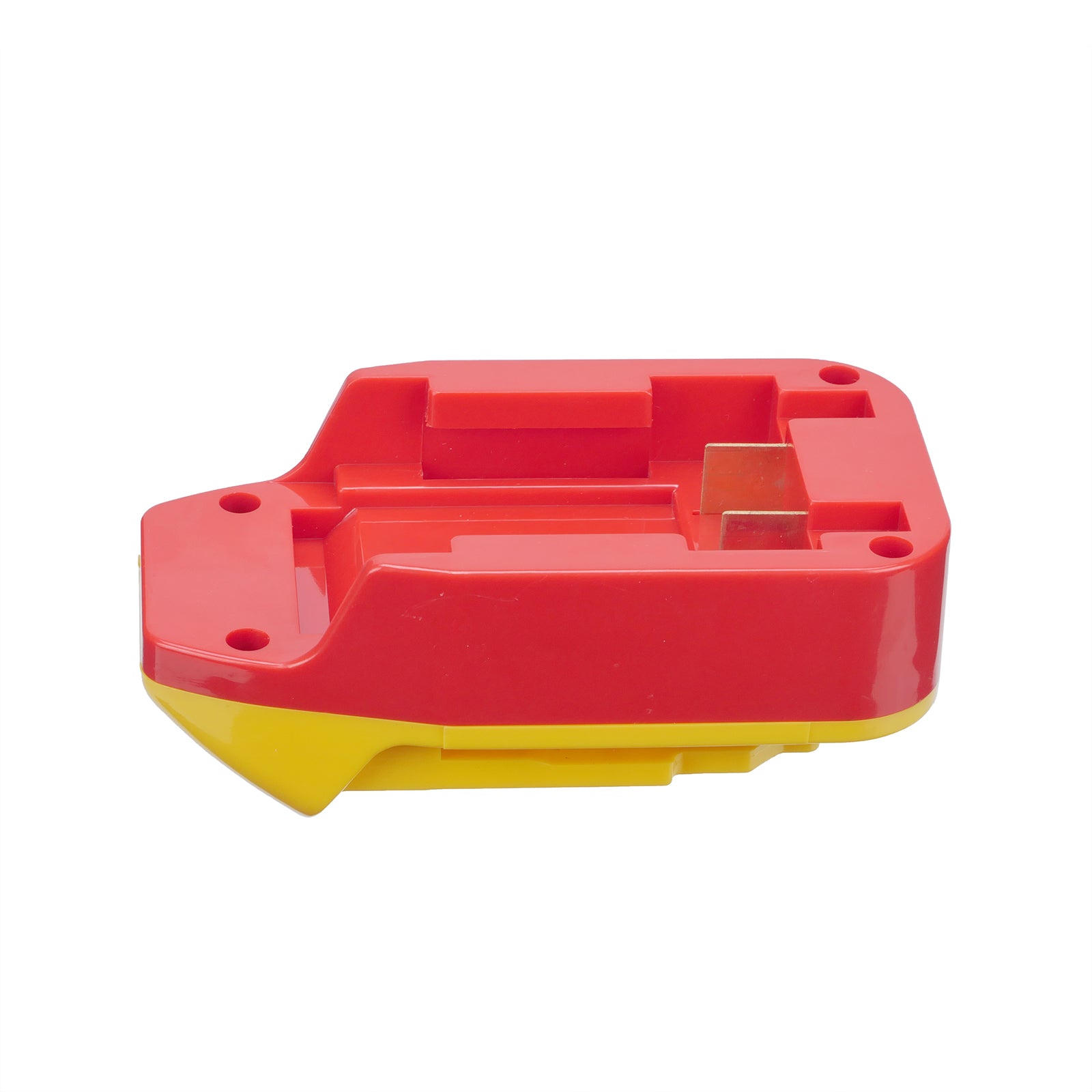 Black and Decker 20V to DeWalt 20V MAX battery adapter - side view showing the battery-side recess and the yellow tool side