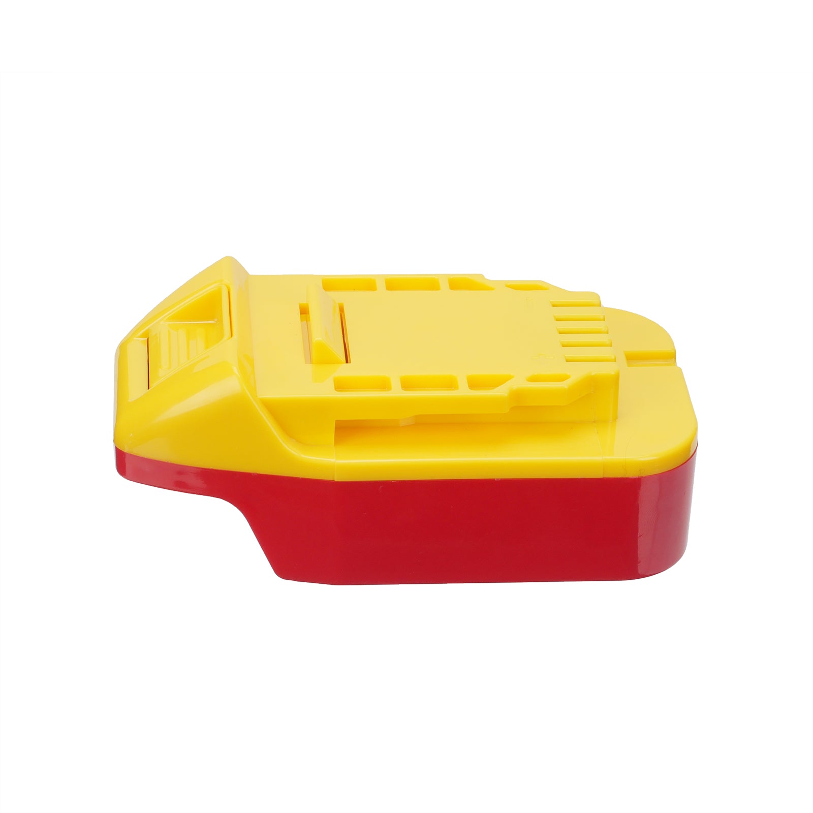 Black and Decker 20V to DeWalt 20V MAX battery adapter - side view, yellow tool side above the red body