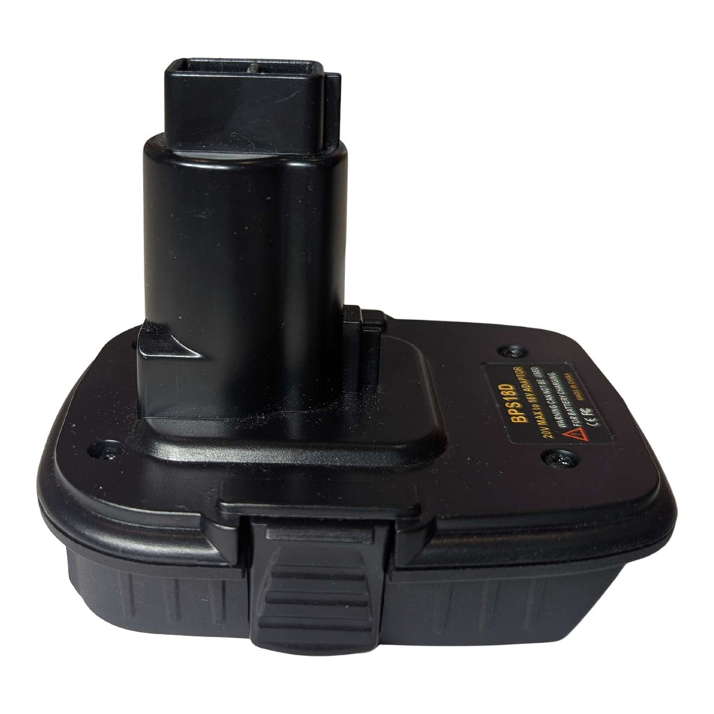 Black and Decker 20V to DeWalt 18V Ni-Cd battery adapter - tool-side post rising from the body, release latch at the front