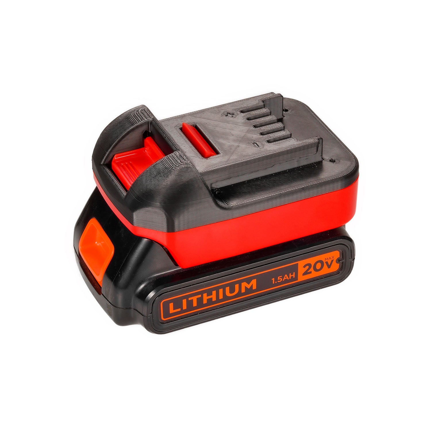 Black and Decker 20V to Masterforce 20V battery adapter - fitted to the battery, Masterforce tool-side connection facing up