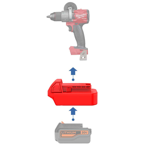 Black and Decker 20V to Milwaukee M18 battery adapter - compatibility diagram showing battery, adapter and hammer drill