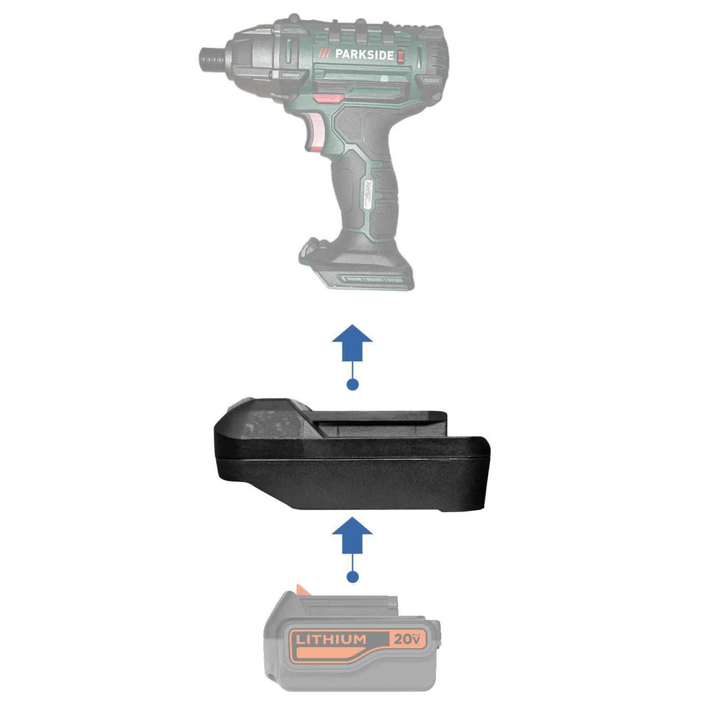 Black and Decker 20V to Parkside X20V battery adapter - compatibility diagram showing battery, adapter and impact driver