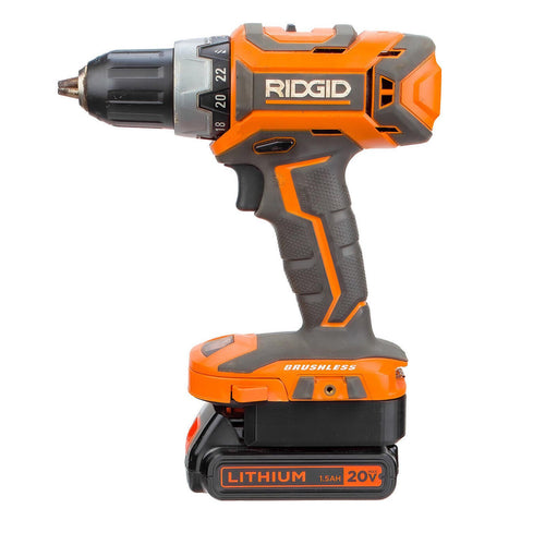 Black and Decker 20V to RIDGID 18V battery adapter - installed on a drill driver, fitted to the 20V 1.5Ah battery