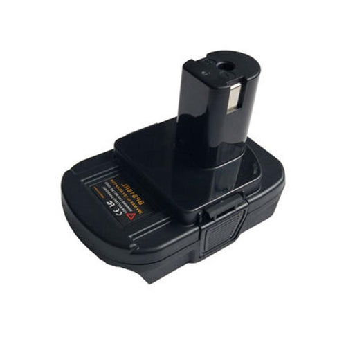 Black and Decker 20V to Ryobi 18V ONE+ battery adapter - Ryobi tool-side post and copper contact, rating label on the body