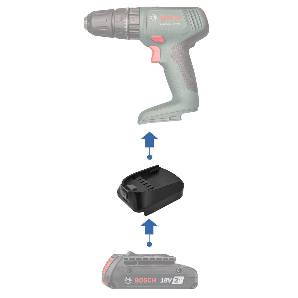 Bosch 18V GBA (Blue) to Bosch 18V PBA (Green) battery adapter - compatibility diagram showing battery, adapter and drill