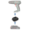Bosch 18V GBA (Blue) to Bosch 18V PBA (Green) battery adapter - compatibility diagram showing battery, adapter and drill
