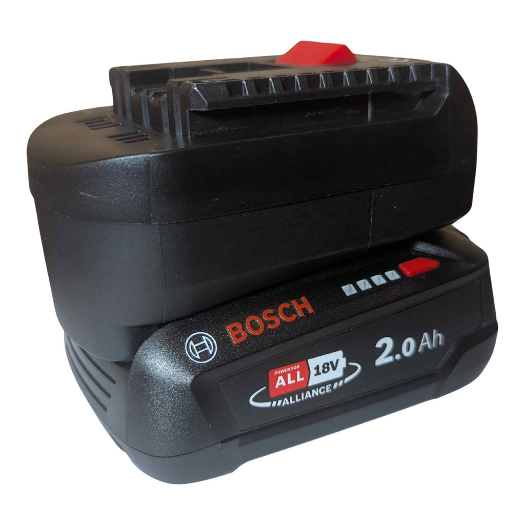 Bosch 18V PBA (Green) to Bosch 18V GBA (Blue) battery adapter - fitted to the battery, tool-side rail upward