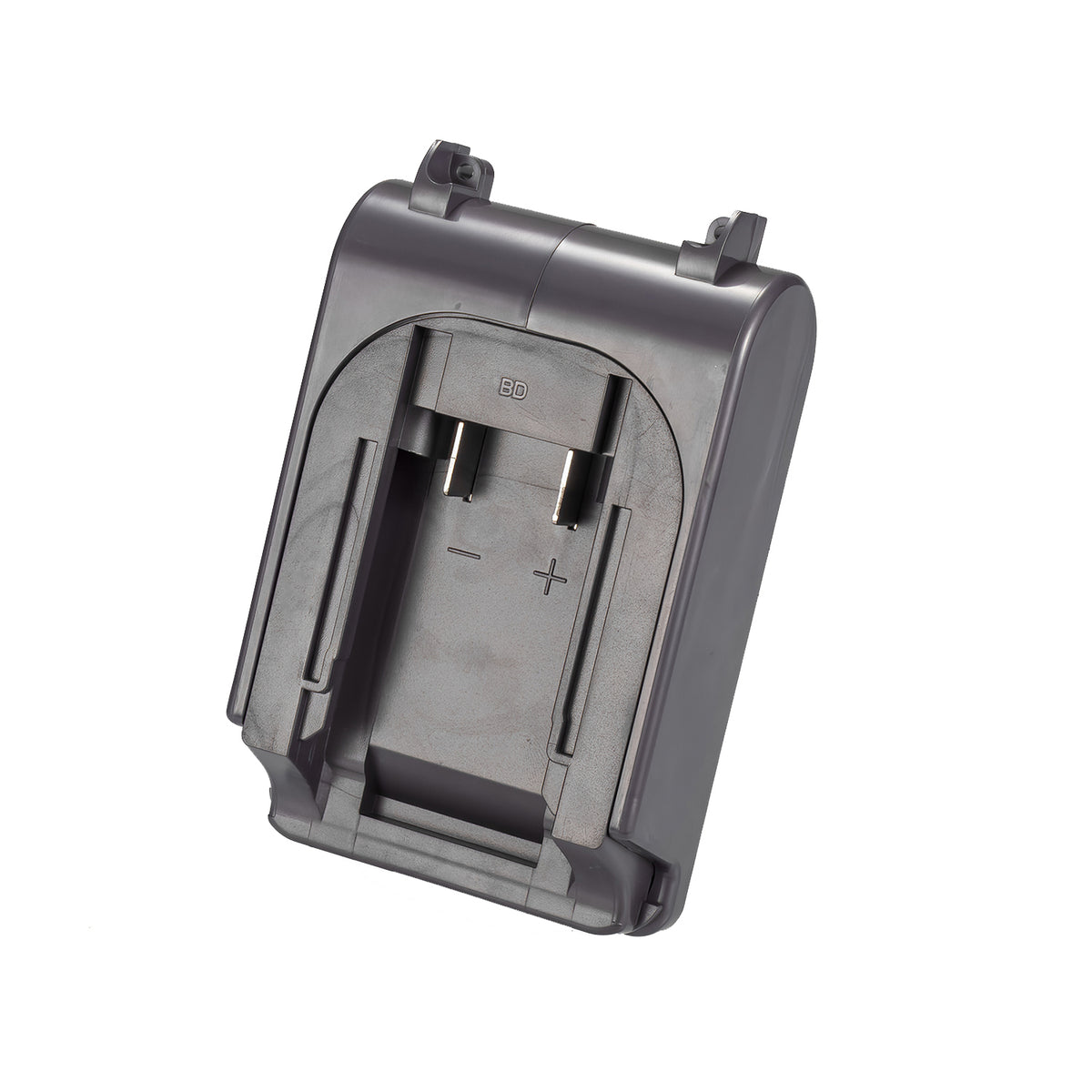Bosch 18V GBA (Blue) to Dyson V8 battery adapter - battery-side connection with twin copper blades and polarity marks