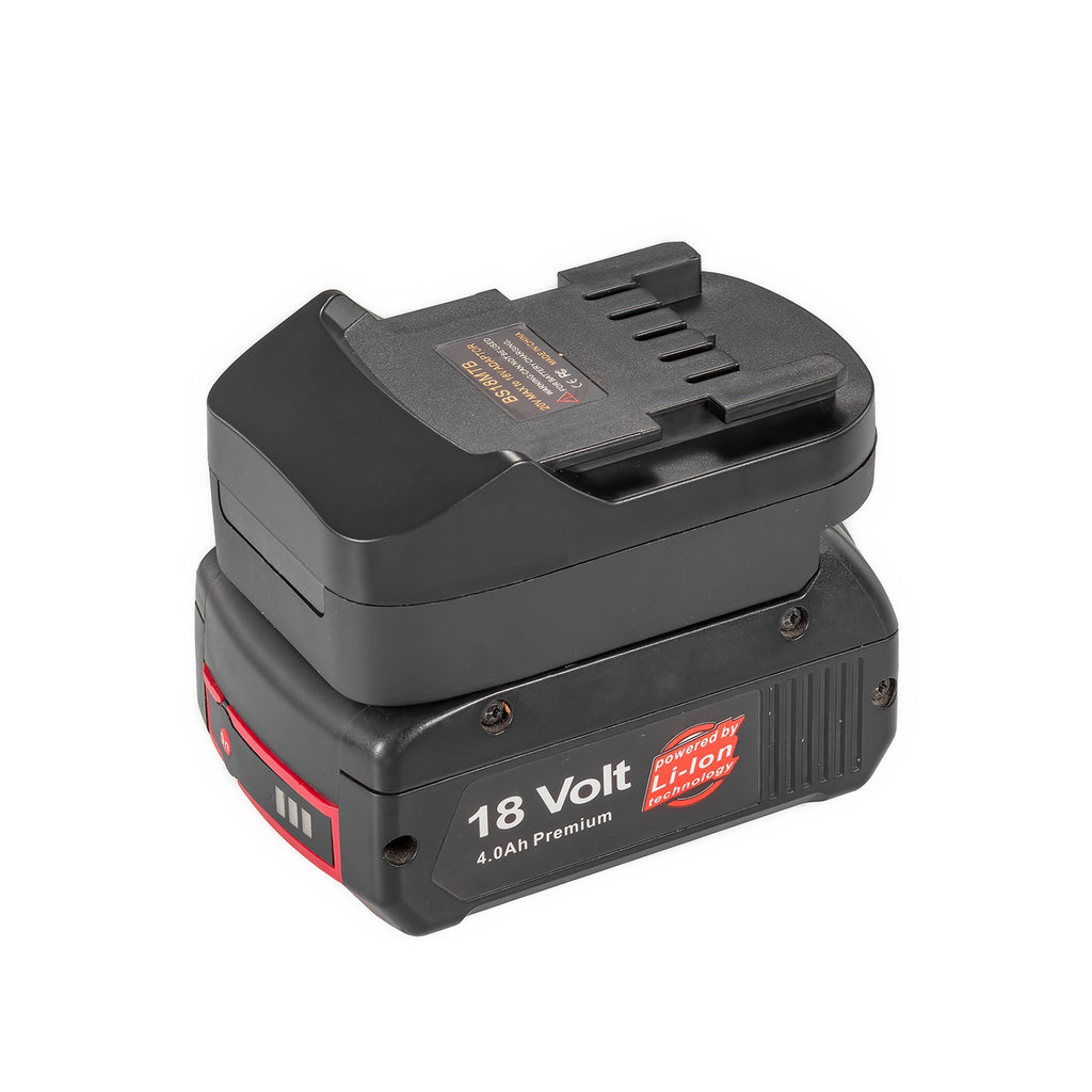 Bosch 18V GBA (Blue) to Metabo CAS 18V battery adapter - fitted to the battery, Metabo CAS tool-side connection upward