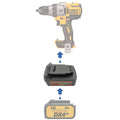 CAT 18V to DeWalt 20V MAX battery adapter - compatibility diagram showing battery, adapter and drill driver