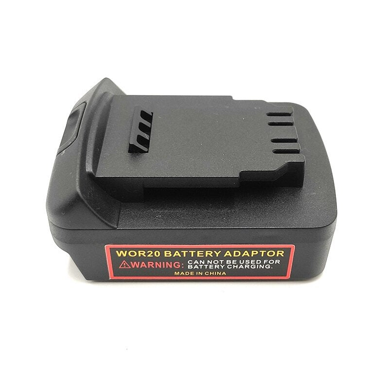 CAT 18V to DeWalt 20V MAX battery adapter - side view with the DeWalt tool-side connection above the warning label