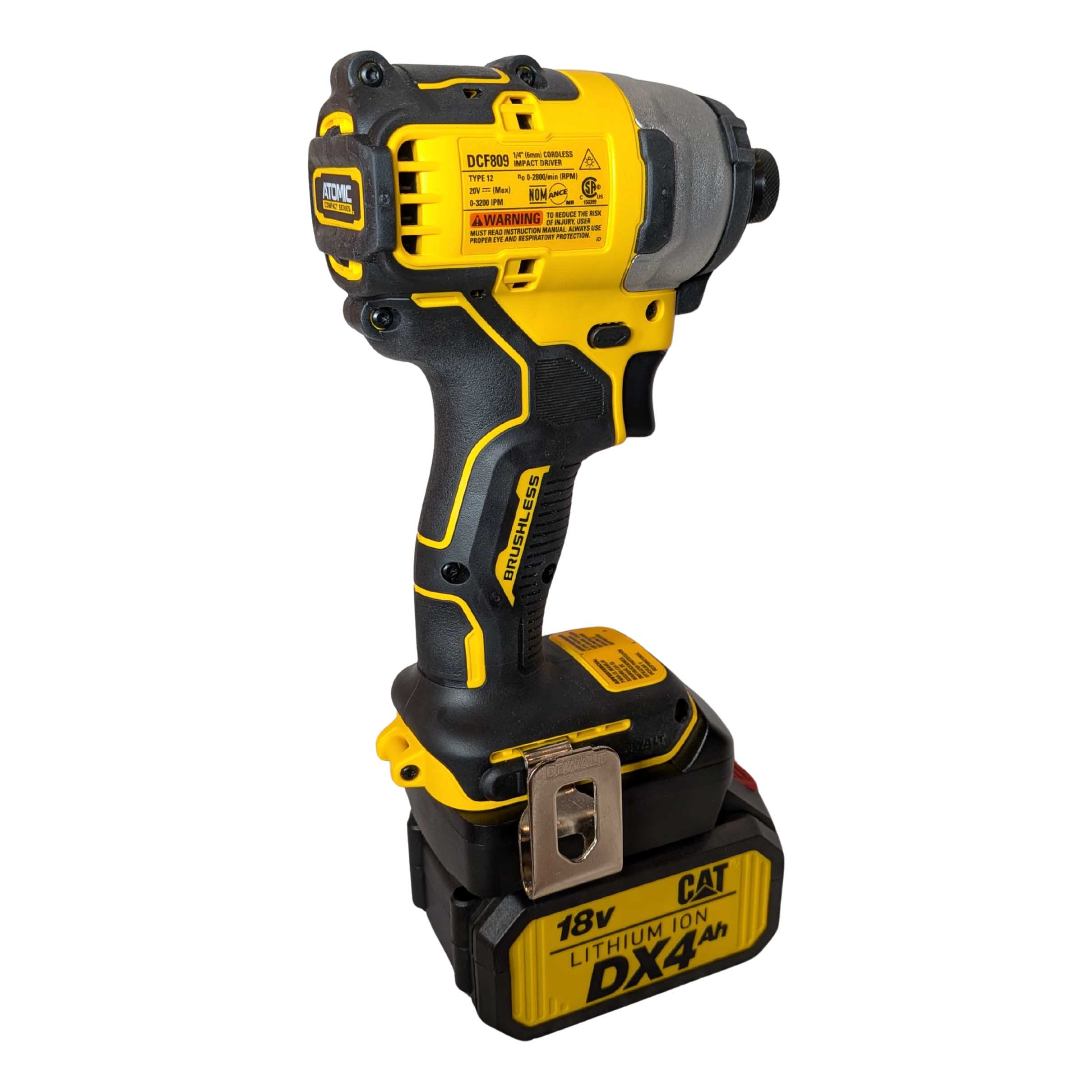 CAT 18V to DeWalt 20V MAX battery adapter - rear view installed on an impact driver with the battery fitted below