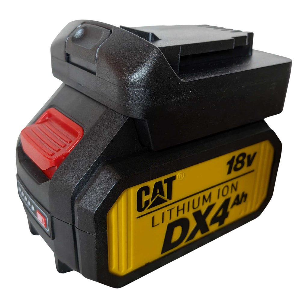 CAT 18V to DeWalt 20V MAX battery adapter - fitted to the CAT 18V battery, DeWalt tool-side face upward