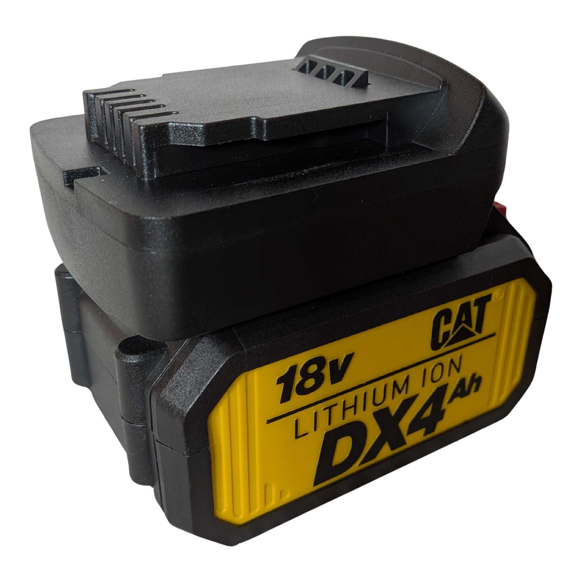 CAT 18V to DeWalt 20V MAX battery adapter - fitted to the CAT 18V battery, DeWalt tool-side face upward