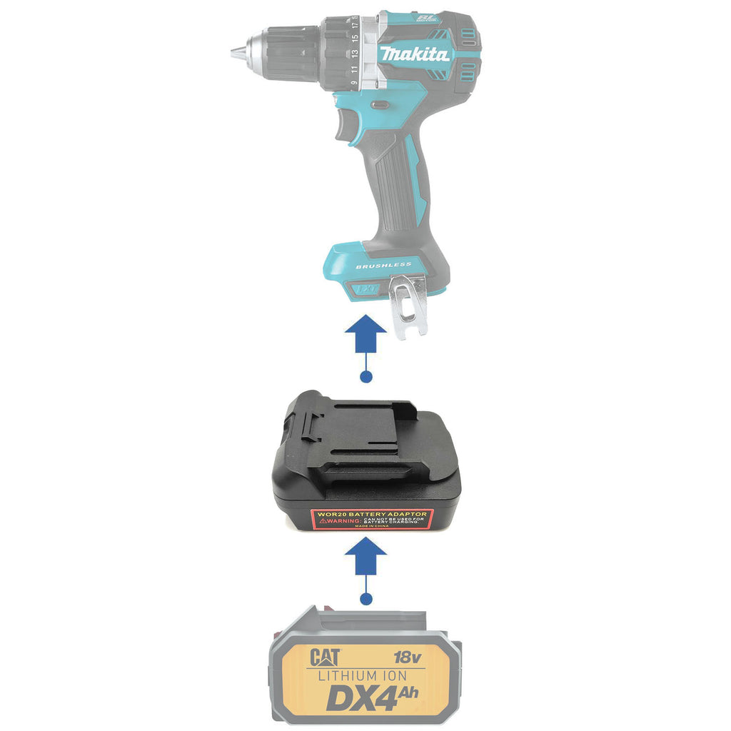 CAT 18V to Makita 18V LXT battery adapter - compatibility diagram showing battery, adapter and drill driver