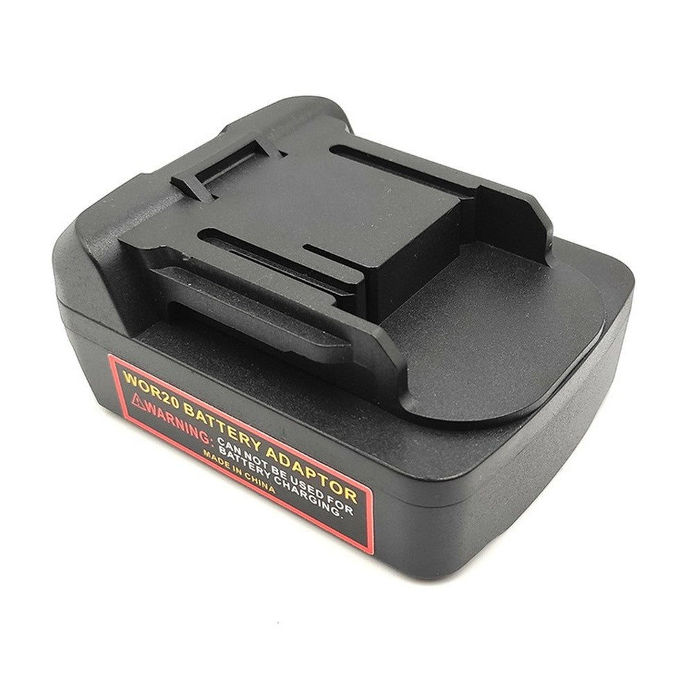 CAT 18V to Makita 18V LXT battery adapter - three-quarter view of the Makita tool-side connection with the warning label