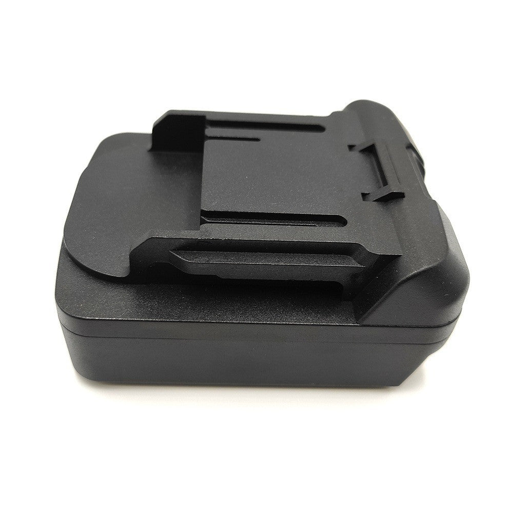 CAT 18V to Makita 18V LXT battery adapter - Makita tool-side connection at a low angle, rail platform and latch notch