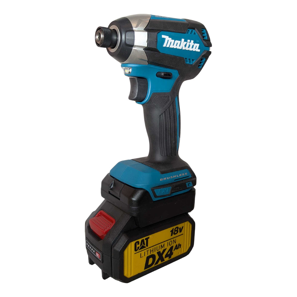 CAT 18V to Makita 18V LXT battery adapter - installed on an impact driver with the battery fitted below